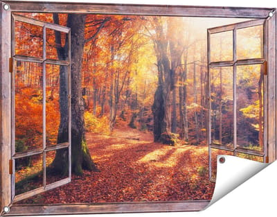 Gards Tuinposter Doorkijk Oranje Herfstbos met Zonneschijn - 90x60 cm - Tuindoek - Tuindecoratie - Wanddecoratie buiten - Tuinschilderij