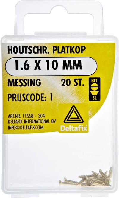 Deltafix. HOUT-SCHROEF.  PLATKOP. 1.6 x 10 MM .  MESSING. 20 Stuks Schroeven.