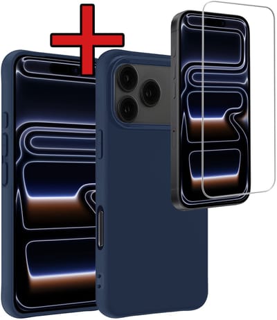 Hoesje - Met Screenprotector - Geschikt voor iPhone 17 Pro / 18 Pro - Sterk & Shockproof - Telefoon Hoes - Back Cover - Siliconen Case - Telefoonhoes - Donkerblauw