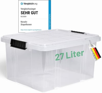 Novaliv opbergdoos met deksel 27L transparante nestbare stapelbare kunststof doos met clipsluiting Eurobox kunststof doos BPA-vrij 46,5x36,5x24 cm