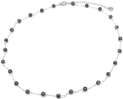 Ketting - Kralen Tijgeroog - RVS - Lengte 39-44 cm - Zilverkleurig