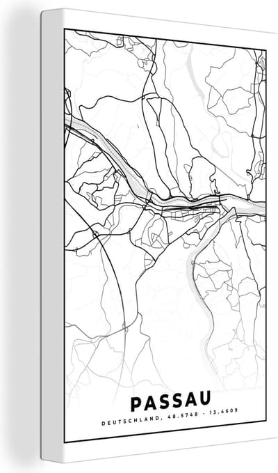 Canvas Schilderij Kaart - Passau - Stadskaart - Plattegrond - 20x30 cm - Wanddecoratie