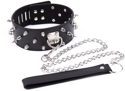 Smart Moves - Brede Collar met Spikes - Inclusief Leash - Zwart