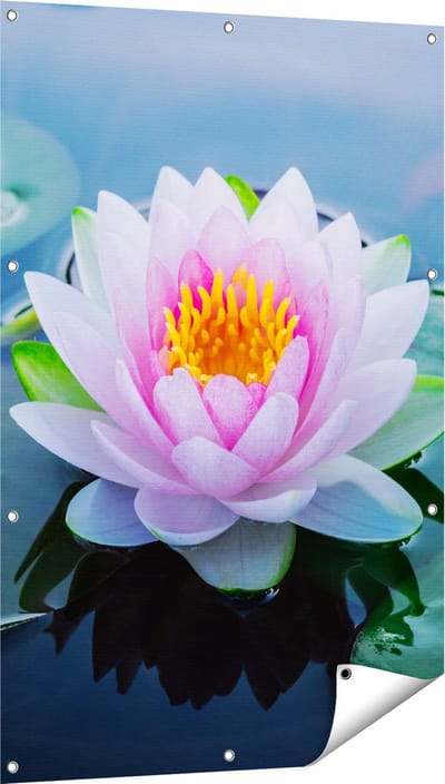 Gards Tuinposter Roze Lotusbloem met Waterlelies - 80x120 cm - Tuindoek - Tuindecoratie - Wanddecoratie buiten - Tuinschilderij