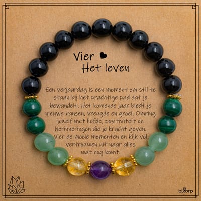 Bixorp Malachiet + Citrien + Amethist + Aventurijn + Onyx Armband op Cadeau Kaartje - Vier het Leven - 8mm / 18cm Edelsteen Kralenarmband - Inclusief Cadeau Envelop