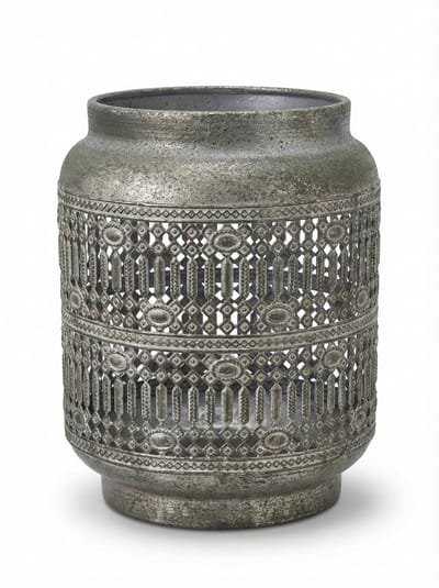 Cosy @ Home Marrakesh Antique Windlicht – Metaal – 15×15×19 cm – Antique Zilver – Oosters Design – Voor Theelicht & Kaars