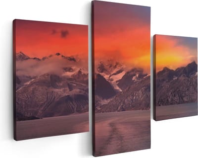 Artaza Canvas Schilderij Drieluik Meer Bij De Bergen Bij Zonsondergang - 90x60 - Foto Op Canvas - Canvas Print