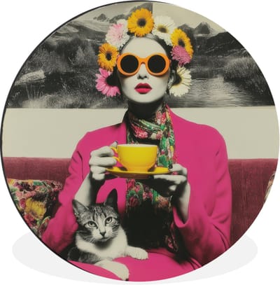 WallCircle - Wandcirkel - Muurcirkel - Vrouw - Kat - Bloemen - Kopje - Retro - Aluminium - Dibond - 30x30 cm - Binnen en Buiten