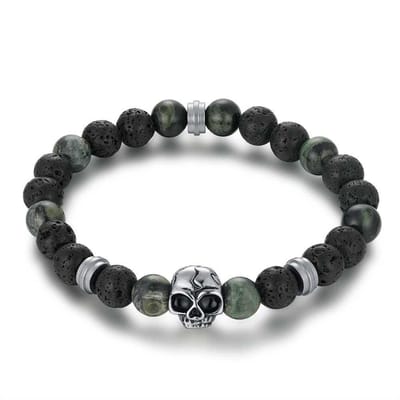 Twice As Nice Armband in edelstaal, zwart en groene lavastenen, doodskop 21cm