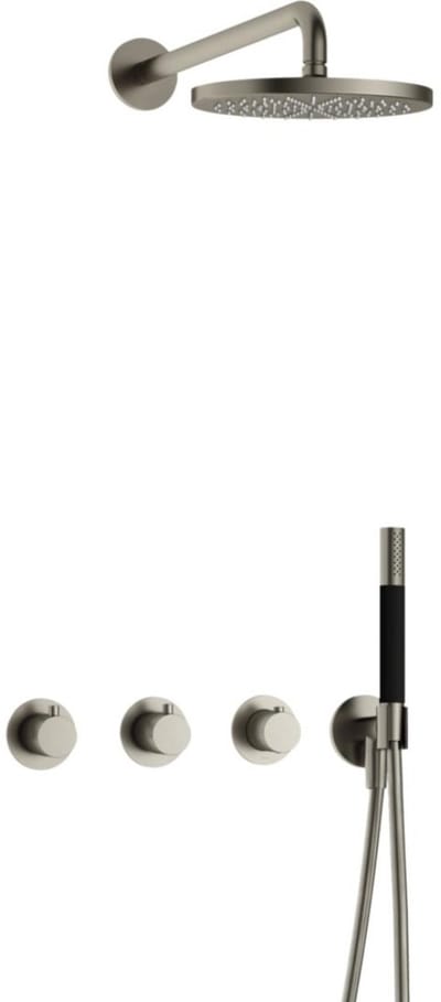 Hotbath Cobber - Inbouw Regendoucheset - Geborsteld Nikkel - 2 Stopkranen - Thermostatisch - Wandarm 40 cm - Hoofddouche 200 mm - Staafhanddouche - Waterbesparend