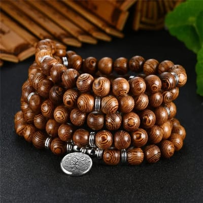 Mala ketting 108 kralen hout Levensboom - Armband Tibetaanse Rozenkrans Vrouwen / Mannen - Boeddha - Yoga - Meditatie - Buddha - houten kralenketting