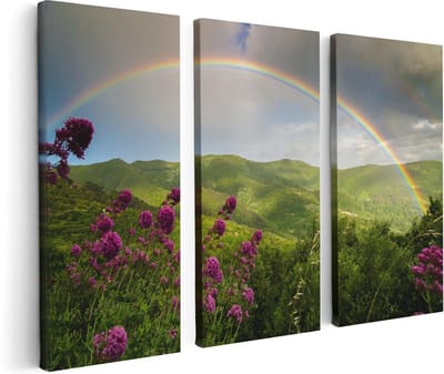 Artaza Canvas Schilderij Drieluik Regenboog in de Heuvel Bossen - 120x80 - Foto Op Canvas - Canvas Print