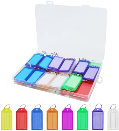 Dailygoods- Sleutelhangers 32 Stuks - Beschrijfbare Sleutelhangers - Sleutelhangers met Ring - Opbergdoosje - Veelkleurig - Stevig Materiaal - Label