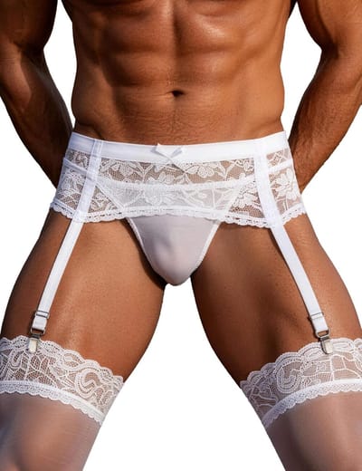 comeondear Sissy lingerieset voor heren, sexy lingerie, kousenhouder, kant, ouvert, slip, ondergoed, jarretelgordel met 4 clips, tuinriem, herenondergoed, grote maten, jarretelgordel met string