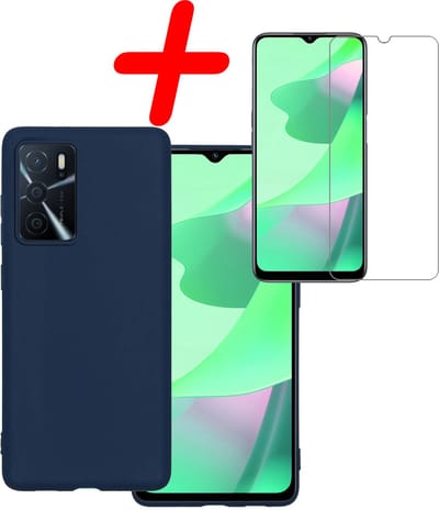 Hoesje Met Screenprotector - Geschikt voor OPPO A16 - Sterk & Shockproof - Back Cover - Siliconen Case - Telefoon Hoes - Donkerblauw