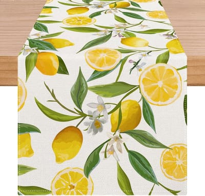 Tafelloper moderne citroen tafelkleed decoratie oranje en geel tafelloper lente en zomer groene bladeren en bloemen wasbaar voor keuken eettafel feest 40 x 140 cm