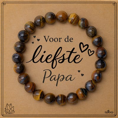 Bixorp Tijgeroog Armband op Cadeau Kaartje - Voor de Liefste Papa - 8mm / 17cm Edelsteen Kralenarmband - Inclusief Cadeau Envelop