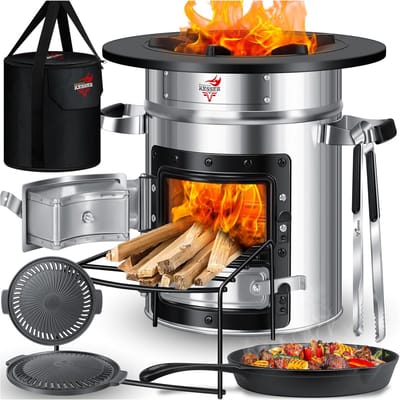 Raketoven met Gietijzeren Pan en Draagtas | Draagbare Houtkachel voor Camping en BBQ