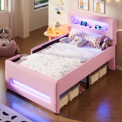 MODFU – Gestoffeerd Platformbed met Trap – 90x200 cm – Opbergladen & LED – MDF en Kunstleer – Roze
