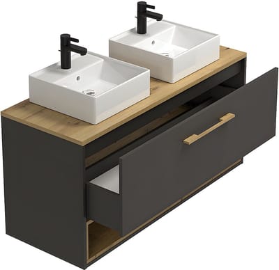 Vente-unique Hangend badkamermeubel met dubbele wastafel - Antraciet - 120 cm - YANGRA