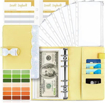 Budget Planner A6 - Geld Organizer met Zachte PVC Tas, Leren Ringband Notitieboek voor Cash Stuffing en Huishoudboek met Geldvakken - Vlinder Geel