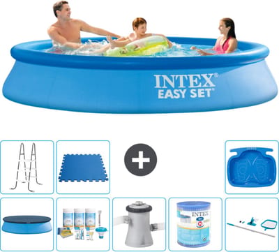 Intex Rond Opblaasbaar Easy Set Zwembad - 305 x 61 cm - Blauw - Inclusief Afdekzeil - Onderhoudspakket - Zwembadfilterpomp - Filter - Schoonmaakset - Ladder - Voetenbad - Vloertegels - 9-delig