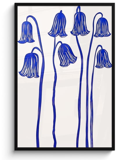 Poster in lijst - Fotolijst 80x120 cm - Posters - Bloemen - Blauw - Lijnen - Bloemblaadjes - Posterlijst zwart - Decoratie - Wanddecoratie woonkamer - Muurdecoratie slaapkamer