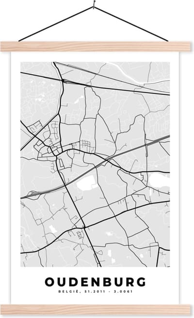 Posterhanger incl. Poster 40x60 cm - Schoolplaat - Stadskaart – Zwart Wit - Kaart – Oudenburg – België – Plattegrond - Textielposter - Blanke latten - Stadskaart