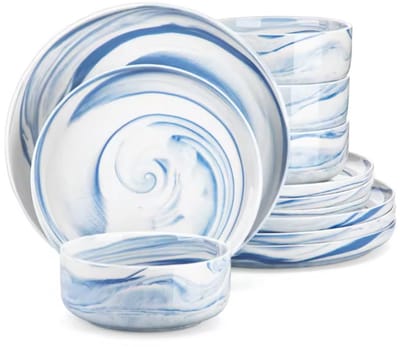 Noble Bordenset – 4 persoons – 12 delig – Blauw Marmer – Keramisch – Dinerborden – Breakfast Plates