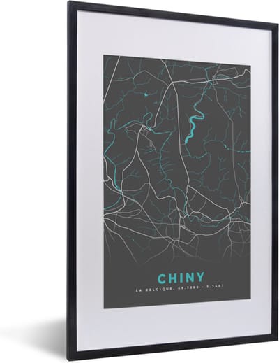 Fotolijst incl. Poster - Plattegrond – Chiny – Blauw – Stadskaart - Kaart - België - 40x60 cm - Posterlijst