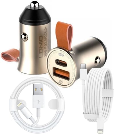 Auto Oplader - 1x USB C naar USB C - 1x USB A Kabel (1.5M) wit & Auto Stekker - USB A & C Snel Lader 30W - PD20W/QC3.0 Autolader