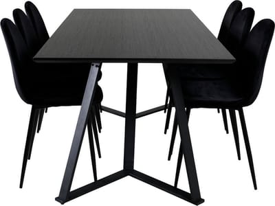 MarinaBLBL eethoek eetkamertafel zwart en 6 Polar eetkamerstal velours zwart.