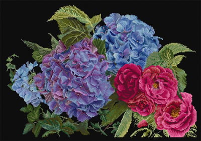 Thea Gouverneur - Borduurpakket met telpatroon - 442.05 - Voorgesorteerde DMC Garens - Hortensia & Roos - Zwart Aida - 39 cm x 25 cm - DIY Kit