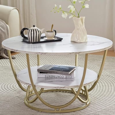 Ronde salontafel - Moderne bijzettafel - Woonkamer inrichten - Gouden frame - 76 cm diameter - Wit marmerprint