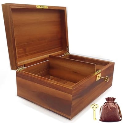 Grote Houten Decoratieve Opbergdoos met Scharnierdeksel en Sleutel - Premium Eiken Herinneringsdoos, 28 x 20 x 13 cm
