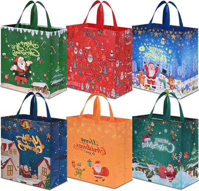 Kerstcadeautassen, Multifunctionele Niet-Geweven Tassen met Handvatten voor Cadeaus, Feestbenodigdheden en Winkelen - Set van 6 Stuks