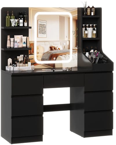 Noriva Glamstation - Kaptafel Met Spiegel En LED Verlichting - Make up Organizer - 7 Laden - Open Vakken - 110x40x139 cm