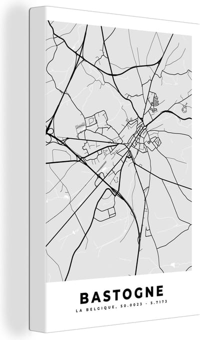 Canvas Schilderij Stadskaart – Plattegrond – België – Zwart Wit – Bastogne – Kaart - 20x30 cm - Wanddecoratie