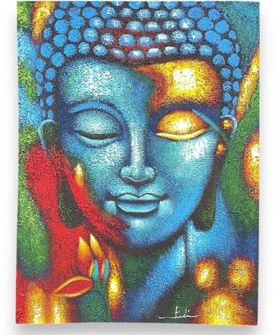 Boeddha-schilderij - Blauw & Gouden Bloem 75x55cm