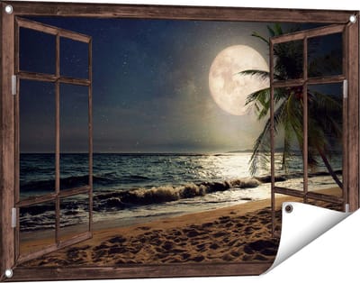 Gards Tuinposter Doorkijk Tropisch Strand in de Nacht met Volle Maan - 90x60 cm - Tuindoek - Tuindecoratie - Wanddecoratie buiten - Tuinschilderij
