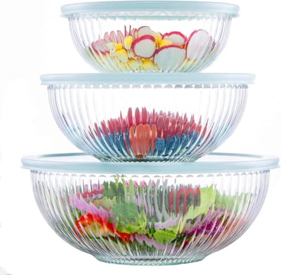 Set van 3 Glazen Mengkommen met Deksel (3.5L, 2L, 1L) - Ideaal voor Salades, Koken en Bakken, Vaatwasserbestendig en Perfect voor Opslag
