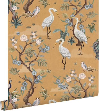 ESTAhome behang kraanvogels okergeel - 50 x 900 cm - 139707