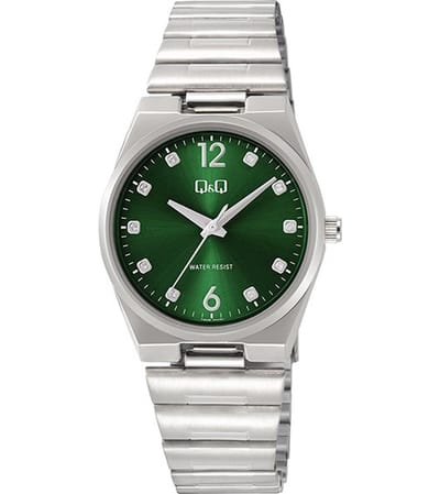 Q&Q Q84B-004PY - Horloge - Polshorloge - Analoog - Dames - Vrouwen - stalen band - Metaal - Overig - Cijfers - Stippen - Briljanten - Zilverkleurig - DonkerGroen