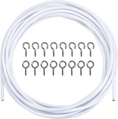 Set van 3 meter witte gordijnkoord met 8 oogjes en 8 haken voor het ophangen van netgordijnen en foto's, ideaal voor raamdecoratie en interieurstyling