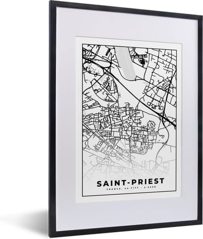 Fotolijst incl. Poster Zwart Wit- Plattegrond – Saint-Priest - Kaart – Frankrijk – Stadskaart - Zwart wit - 30x40 cm - Posterlijst