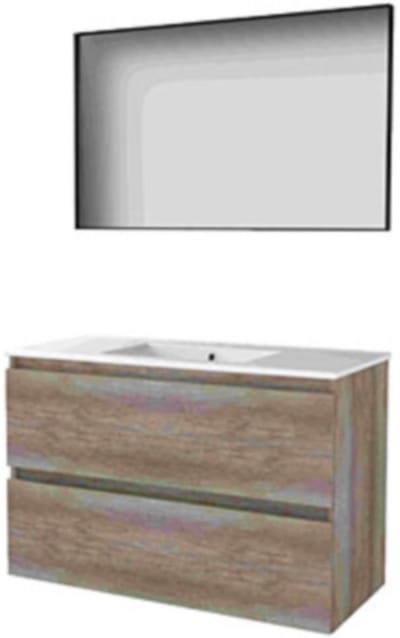 Basic-Line Framed 46 Badkamermeubelset - 100 x 46 cm - Greeploos - 2 Lades - Keramische Wastafel - 1 Kraangat - Spiegel met Zwart Aluminium Frame - Scotch Oak