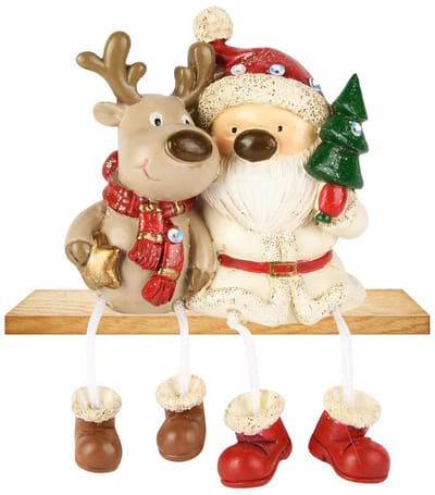 Dekoratief | Santa m/rudolf m/hangbeentjes, wit/rood/bruin, resina, 9x6x9cm | A255706