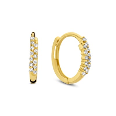 New Bling 9NBG-0716 Gouden Oorringen met Zirkonia - Oorbellen - 14 Karaat - Zirkonia - 2 rijtjes - 12mm Doorsnee - 1,8mm Breed - Scharnier - Goud