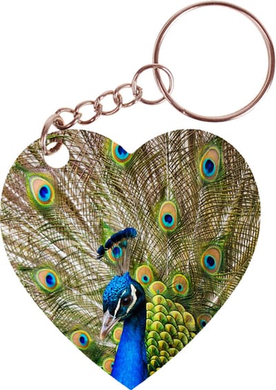 Sleutelhanger hartje 5x5cm - Pauw met Veren Uitstaand