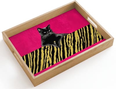 Dienblad hout 40x30 cm - Schootdienblad - Kat - Baas - Roze - Tijgerprint - Borrelplank rechthoek - Plateau dienbladen